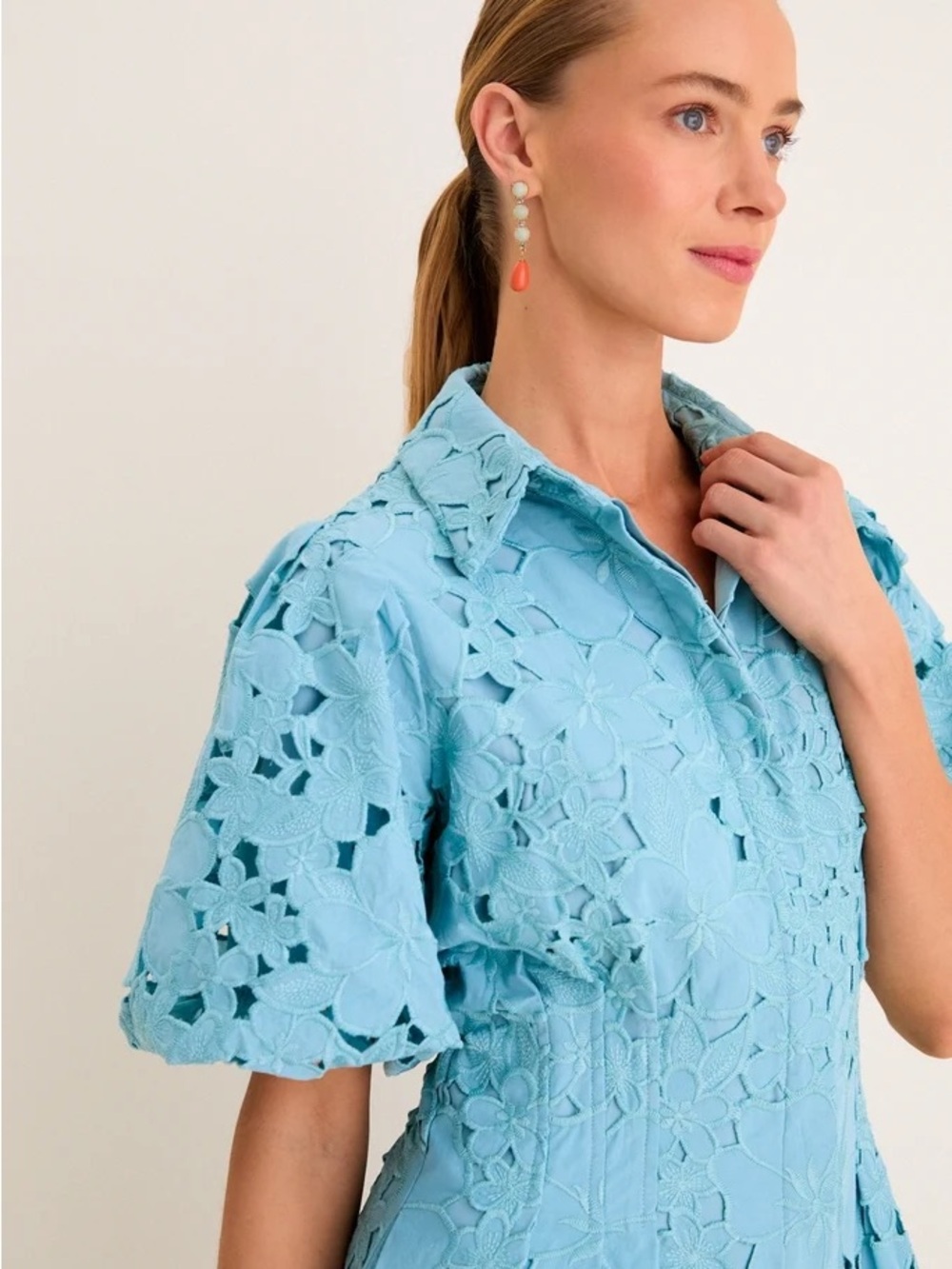 Tuckernuck Cameo Blue Collar Eyelet Mini Delaney Dress M Puff Sleeves Scallop - Picture 2 of 5